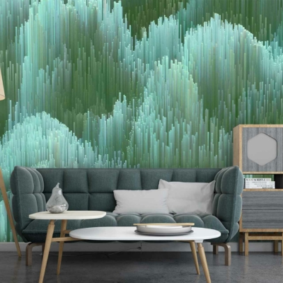 Modern living room features a green and teal abstract wallpaper with vertical lines. Shades of green and teal dominate the design, creating a dynamic backdrop. Pops of lighter hues accentuate the vertical patterns against darker tones. This distinctive mix ensures a contemporary yet tranquil atmosphere enhanced by the wallpaper’s striking elements and colors.