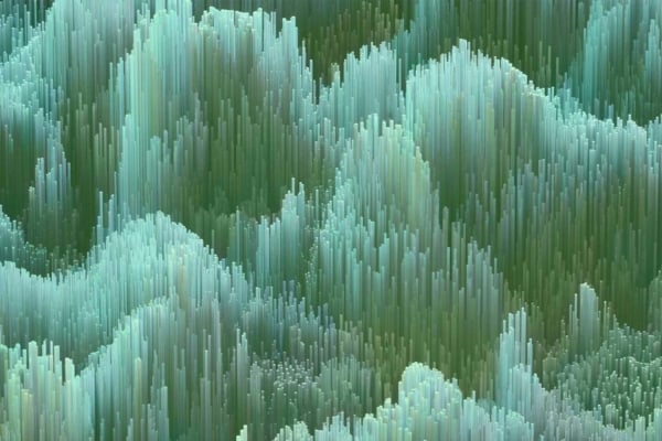 Digital artwork depicting a landscape of densely packed vertical green and blue lines, resembling a forest of tall, thin spikes or abstract grass. The lines form wave-like patterns and convey a sense of depth. The wallpaper evokes surreal visuals akin to those seen in time travel TV series like Outlander. Key elements: vertical green lines, vertical blue lines, wave-like patterns, sense of depth, abstract grass or forest spires.