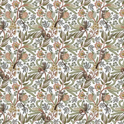 Seamless wallpaper pattern, detailed botanical design, vibrant green leaves, pink and orange flowers, intricate stems and branches on a white background. Fresh and lively appearance reminiscent of nature. Evokes timeless charm of Outlander.