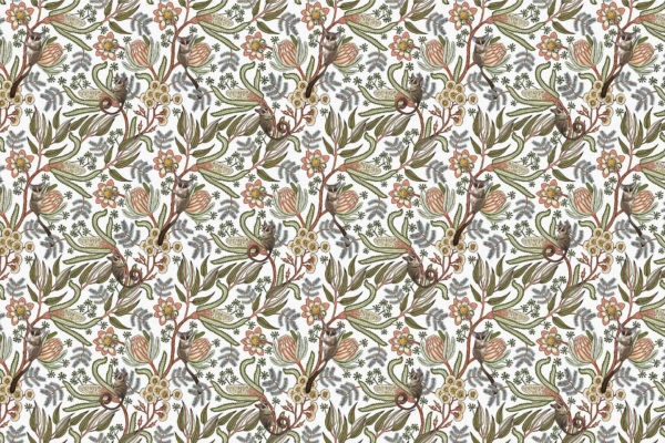 Seamless wallpaper pattern, detailed botanical design, vibrant green leaves, pink and orange flowers, intricate stems and branches on a white background. Fresh and lively appearance reminiscent of nature. Evokes timeless charm of Outlander.
