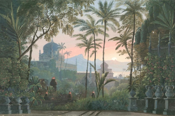 Wallpaper features lush tropical garden, tall palm trees, ferns, vibrant vegetation. Ornate palace with domes in background against pink and orange sunset sky. Tranquil water hints at Fountain of Youth amidst distant mountains.
