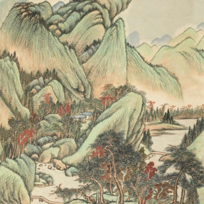 Wallpaper: Traditional Chinese landscape painting. Features include green, rolling mountains with textured foliage, a winding river, vibrant autumn trees, foothill buildings. Colors: green, autumn red-orange-yellow hues. Elements: mountains, river, trees with fall leaves; small building cluster. Contains Chinese calligraphy.