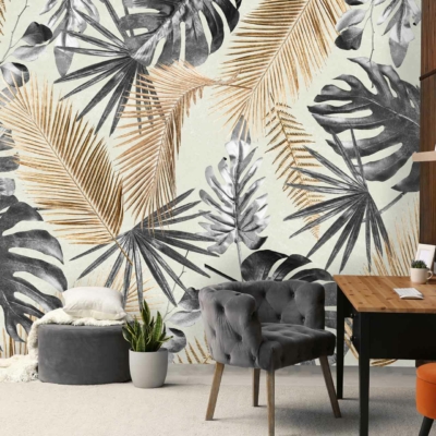 Tropical-themed wallpaper with large monochrome leaves and golden accents. Elements: leaves, tropical theme. Colors: monochrome (black, white, gray), gold accents.