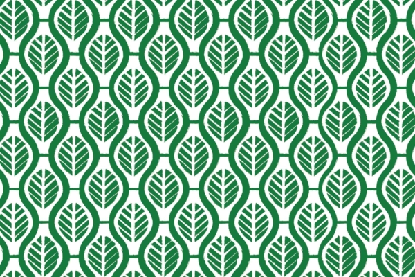 Wallpaper: Seamless, repeating pattern of green leaves with white veins, interlocking geometric design on a white background. Oval encasing each leaf, evoking base camp structure. Uniform and symmetrical appearance throughout. 

Elements: Green leaves, white veins, geometric interlocking design, oval shapes.

Colors: Green, White