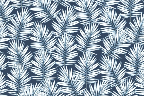 A seamless wallpaper pattern featuring white palm leaves spread evenly on a dark blue background. The design creates a repetitive tropical foliage look, emphasizing nature with its striking contrast of crisp white leaves against deep navy.