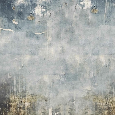 Abstract wallpaper featuring a grungy, weathered texture. Elements include peeling paint in gray, blue, and brown hues, with scratch marks and spots. Faded areas suggest a distressed, vintage appearance that evokes the sense of turning back time.