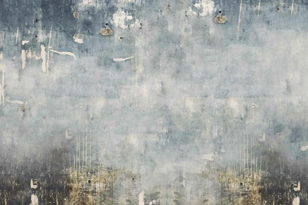 Abstract wallpaper featuring a grungy, weathered texture. Elements include peeling paint in gray, blue, and brown hues, with scratch marks and spots. Faded areas suggest a distressed, vintage appearance that evokes the sense of turning back time.