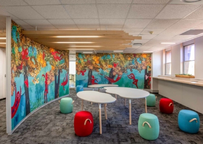 Brightly lit room wallpaper features whimsical forest scenes with vibrant animals. It showcases colorful elements such as lush green trees, playful woodland creatures, and lively flowers in various hues. The mural bursts with shades of blue, yellow, red, and green, creating an enchanting backdrop.