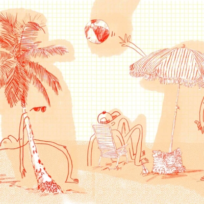 The whimsical wallpaper features a beach scene with a grid background. A variety of abstract human figures engage in different activities: one leans against a palm tree, another lounges in a beach chair, and the third stands under a large umbrella, catching a ball. The color palette is vibrant with shades of turquoise, sandy beige, palm green, bright red for the ball and umbrella accents, deep blue for ocean elements, and hints of sunlit yellow. Key elements include palm trees, beach chairs with striped patterns, large umbrellas with wavy designs inside the grid backdrop.