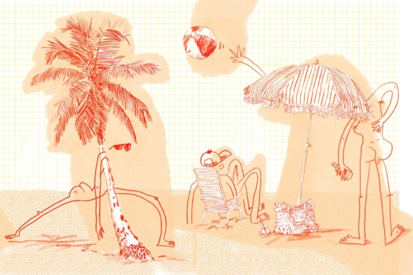 The whimsical wallpaper features a beach scene with a grid background. A variety of abstract human figures engage in different activities: one leans against a palm tree, another lounges in a beach chair, and the third stands under a large umbrella, catching a ball. The color palette is vibrant with shades of turquoise, sandy beige, palm green, bright red for the ball and umbrella accents, deep blue for ocean elements, and hints of sunlit yellow. Key elements include palm trees, beach chairs with striped patterns, large umbrellas with wavy designs inside the grid backdrop.