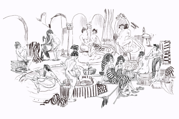 The wallpaper in "The Bathers" is a detailed black-and-white depiction of a Roman bathhouse scene. Key elements include intricate classical architecture, columns, and arches framing the setting. Water features such as fountains and pools add depth to the design. The figures are in varying poses of relaxation and conversation, highlighting daily life in ancient Rome. The black-and-white palette emphasizes contrasts between light and shadow, enhancing the scene’s realism without any additional color.