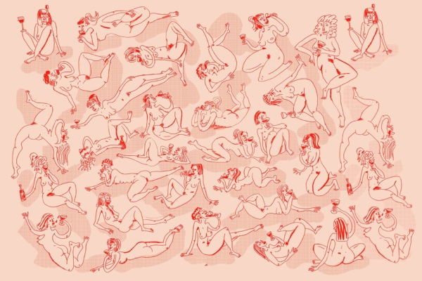 Wallpaper features abstract, red-lined drawings of nude figures in various celebratory poses, some with wine glasses. Background is soft beige. Figures display exaggerated expressions and motions.