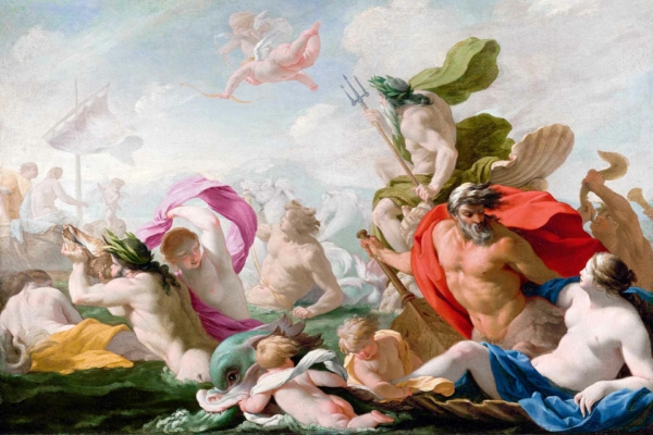 Wallpaper: Classical painting, dramatic sea scene, mythological figures, muscular man with trident and red cloak (Poseidon), nymphs, cherubs, marine creatures, swirling waters. The Traveller in the cloudy sky. Dominant colors: deep blue, sea green, vibrant red cloak, golden highlights on trident and marine creatures.