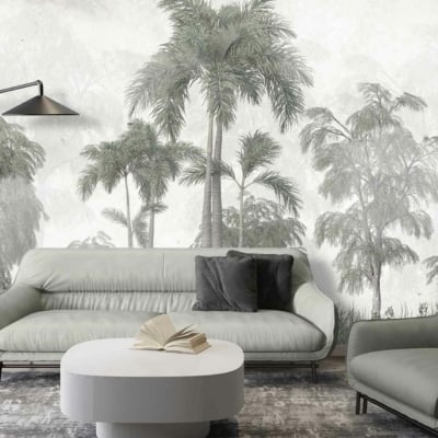A wall mural features tropical palm trees in muted colors perfect for The Traveller's modern living room. Highlighted elements include palm trees and a subtle, muted palette.