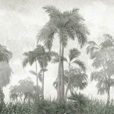 Wallpaper features:
- Soft, misty landscape
- Tall palm trees
- Lush greenery
- Foggy atmosphere
- Dream-like ambiance
- Tree silhouettes fading into background
Color Palette:
- Various shades of green (lush plants)
- Gray and white (fog and mist)