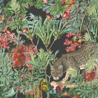 The wallpaper illustrates a lush jungle scene featuring a leopard partially hidden among vibrant red, yellow, and green foliage. The dense background is adorned with various tropical flowers and plants in rich hues, creating a vivid tapestry against a dark sky. Key elements include: leopard, red foliage, yellow leaves, green plants, tropical flowers.