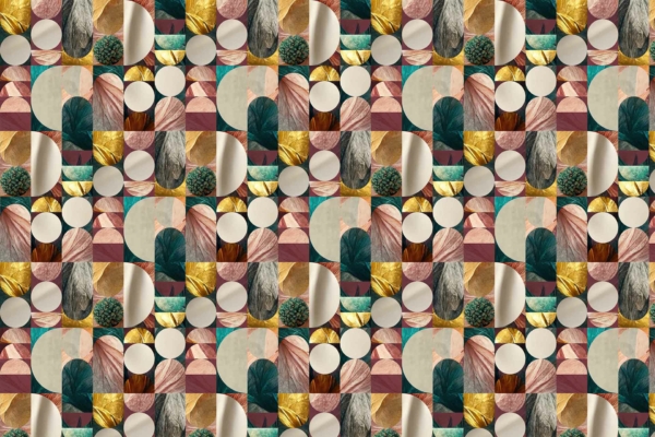 The wallpaper features a vibrant, abstract geometric pattern with circles, squares, and triangles. The design showcases a combination of earthy and bright colors: green, yellow, brown, and teal. Textures resembling leaves, wood, and fabric add a grounded yet dynamic aesthetic.