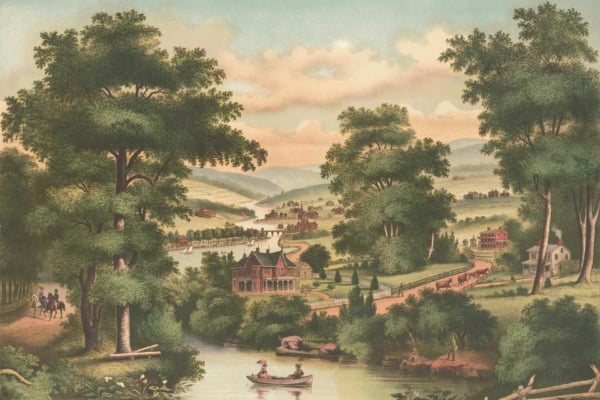 Wallpaper features a serene pastoral scene. Trees frame a river where a couple rows a boat. A grand house and sprawling estate are nestled among hills, with distant mountains. People walk along a dirt road, forming an impromptu group show, while cattle graze in the foreground. The sky is partly cloudy.
Elements: river, boat, couple rowing, trees, grand house, estate, hills, mountains.
Colors: green (grass and trees), blue (river and sky), white (clouds), brown (dirt road), red/brown (brick of the house).