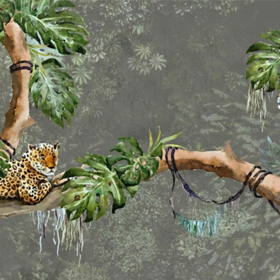 Watercolor wallpaper features two leopards amid large tropical leaves on tree branches. One lounges on a horizontal branch, while the other stands on a vertical branch surrounded by jungle foliage. Predominant colors include various shades of green, lush foliage, muted yellow-browns for the leopards with distinctive black spots, and a dense green background. Elements: leopards, tropical leaves, tree branches, jungle foliage.
