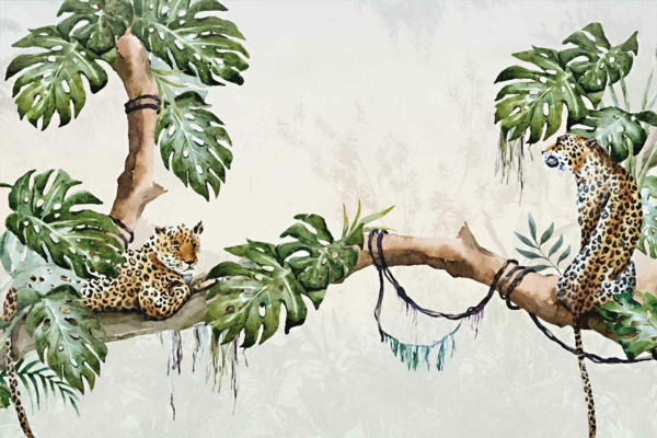 A watercolor painting titled "Path to Freedom" features two leopards resting on leafy tree branches. The branches are covered in lush green leaves extending across the image. A lounging leopard is on the left, and an observant one is perched on the right. Key elements include leopards, leafy branches, lush greenery, and watercolor texture with predominantly green hues.