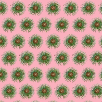 A seamless pattern featuring green, spiky, flower-like shapes with brown centers, evenly spaced in a grid on a pink background. This whimsical design adds charm to home decor and pairs well with lighting fixtures or arc lamps. Elements: green spiky flowers, brown centers. Colors: green, brown, pink.
