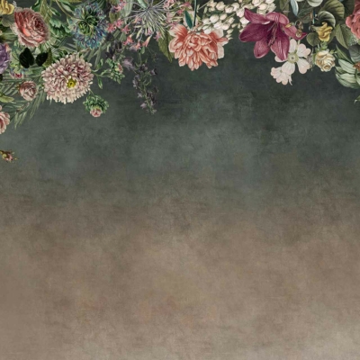 Ornate floral frame with roses, peonies, daisies, lush greenery. Muted gradient background from green to brown. Symbolizes power and unity of people.