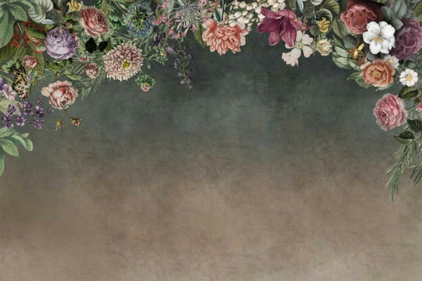 Ornate floral frame with roses, peonies, daisies, lush greenery. Muted gradient background from green to brown. Symbolizes power and unity of people.