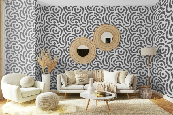 The contemporary living room features wallpaper with an abstract black and white pattern, encapsulating the essence of "Curves of Joy." The design includes fluid, sweeping curves in contrasting shades of black and white, creating a dynamic yet harmonious look.