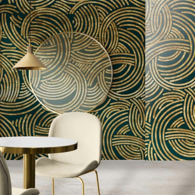 Wallpaper: Bold geometric swirl pattern, colors are gold and dark green.