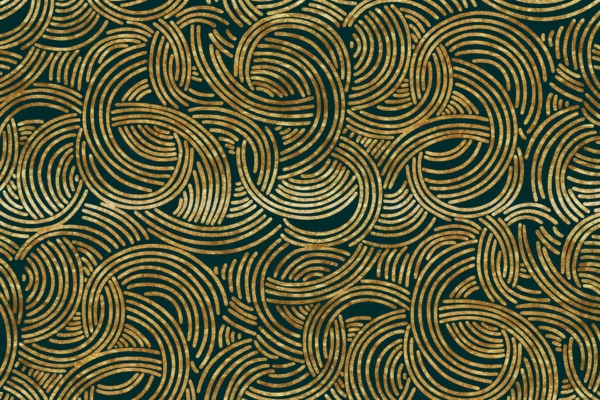 Intricate, interlocking golden swirls on a dark green background form a continuous, looping design. The swirling patterns create movement and depth, evoking an abstract, art deco style perfect for modern decor. Key elements: gold swirls, dark green background, art deco wallpaper.