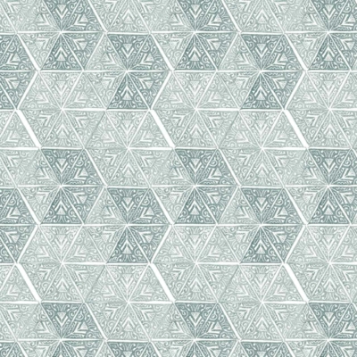 A repeating geometric pattern featuring interlocking hexagonal shapes filled with intricate lines and triangle motifs. The design showcases a muted color palette of light teal and gray, creating a subtle, elegant texture ideal for home decor or enhancing modern lighting like an arc lamp. Keywords: interlocking hexagons, intricate lines, triangle motifs, light teal, gray, geometric pattern, subtle elegance.