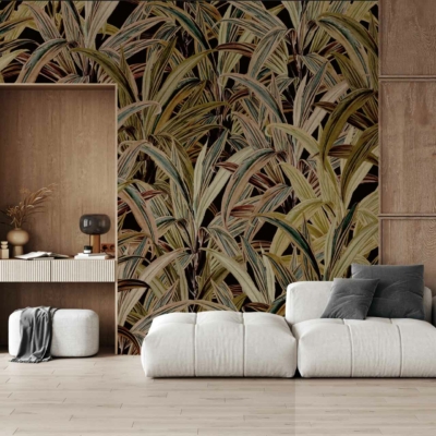 Large botanical wallpaper featuring tropical leaves in green and brown tones reflecting True Autumn colors.