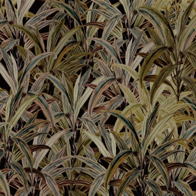 Tropical leaves, intricate pattern, dense overlapping, varying shades of green and brown, dark background, True Autumn essence, lush jungle-like appearance, rich texture and depth.
