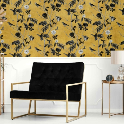 Bold yellow and black floral wallpaper, embodying the
