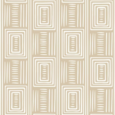 A seamless wallpaper pattern with rows of overlapping rectangular shapes featuring rounded corners, all outlined in white against a beige background. The rectangles are filled with lines and dots, forming a stylized, symmetrical geometric design. The subtle message 