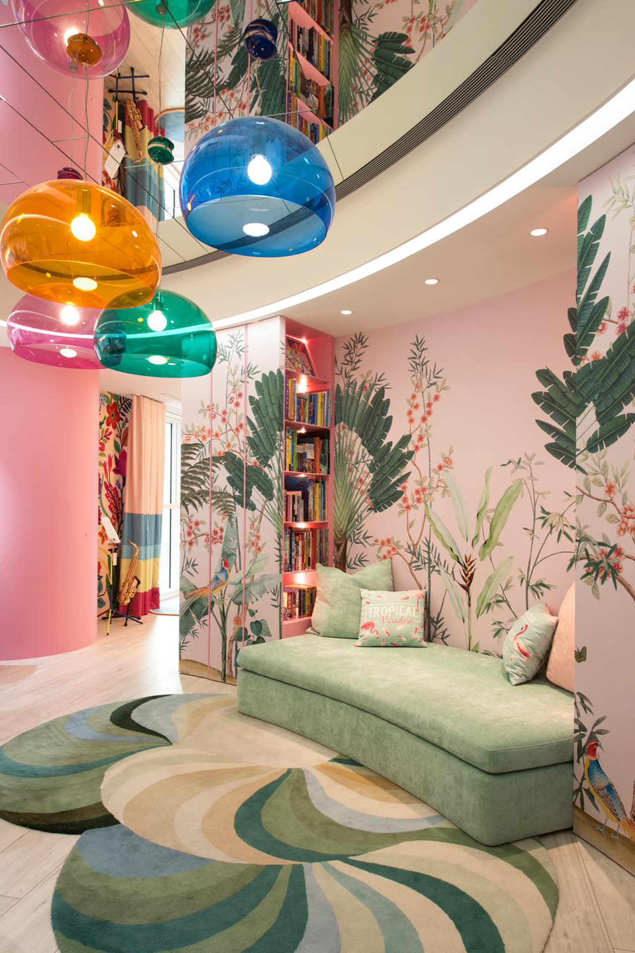 Living Room - Palm Therapy Staircase - Birds and Fruit bay Cara Saven Wall Design