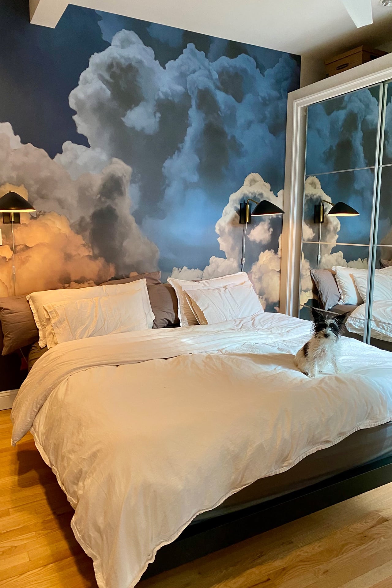 image_50370049 The wallpaper showcases a dramatic cloud mural featuring billowing, soft clouds in varying shades of white, gray, and hints of blue. This ethereal design adds depth and tranquility to the room. The palette uses cool tones predominantly while capturing the texture and movement of real clouds through subtle gradients and shadowing.