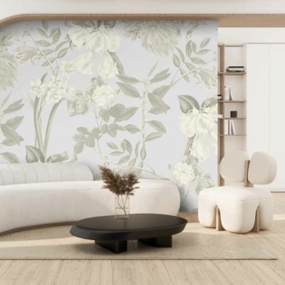 Large gray floral mural with green accents.