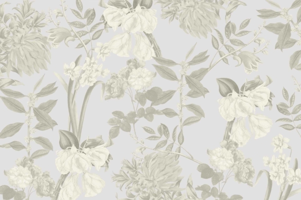 Grayscale floral wallpaper featuring various intricately intertwined flowers and leaves. Classic, vintage appearance with detailed shading and texture. Soft, elegant look on a light gray background.