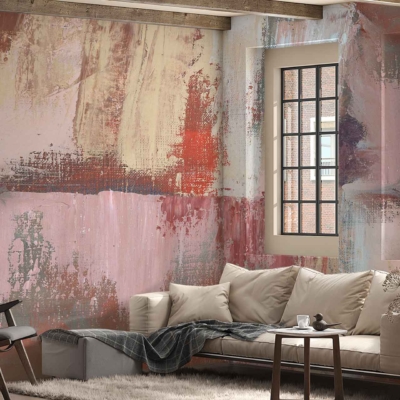 Abstract textured wallpaper with pink, red, and beige hues.