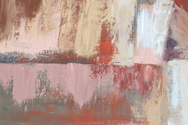A textured abstract wallpaper with broad brushstrokes in earthy tones of brown, beige, and red. Accents of pink and white add visual interest, while visible paint streaks and patches create a layered, dynamic surface.