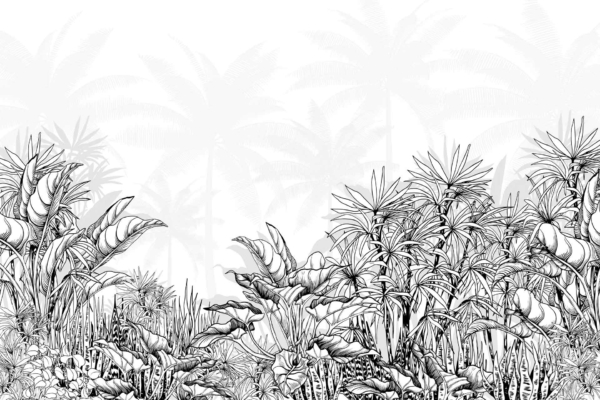 Illustration: Dense tropical jungle in black and white
Elements:
- Large leaves
- Tall grasses
- Palm tree silhouettes in the background
Colors: Black and white