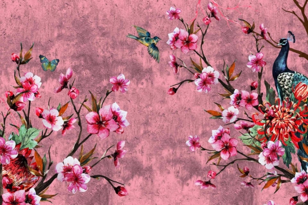 Vibrant wallpaper with blooming pink cherry blossoms on textured pink backdrop; features a perched peacock, flying bird, and fluttering butterfly.