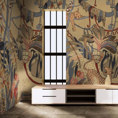 The vibrant, whimsical wallpaper in the room features stylized jungle scenes with animals and plants. The colors prominently include earthy browns, blues, and reds.