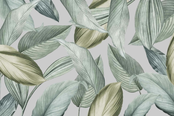 Illustration of overlapping, large, and detailed tropical leaves in shades of green and muted yellow against a light gray background. The leaves display varying textures and patterns, creating a dense and layered botanical effect while preserving natural beauty. Elements: tropical leaves, overlapping foliage. Colors: shades of green, muted yellow, light gray background. Texture: various leaf patterns with depth. Style: dense, detailed botanical illustration for wallpaper design.