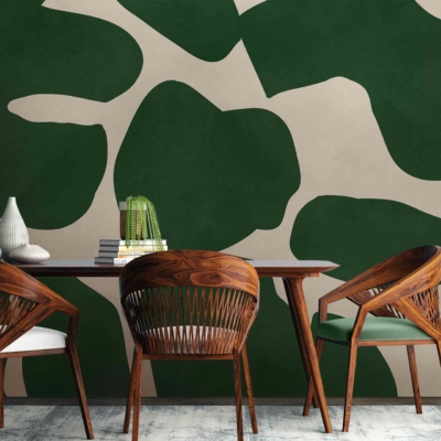 The wallpaper features an abstract pattern in green and beige hues. The design includes flowing, organic shapes that create a dynamic yet soothing visual effect. The color palette balances the vibrancy of green with the soft, neutral tones of beige.