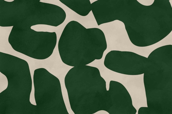 Abstract wallpaper featuring solid landing of irregular dark green shapes against a light beige background. The uneven, organic, camouflage-like pattern creates a contrasting and visually engaging design. Key elements: dark green shapes, light beige background, irregular and organic pattern.
