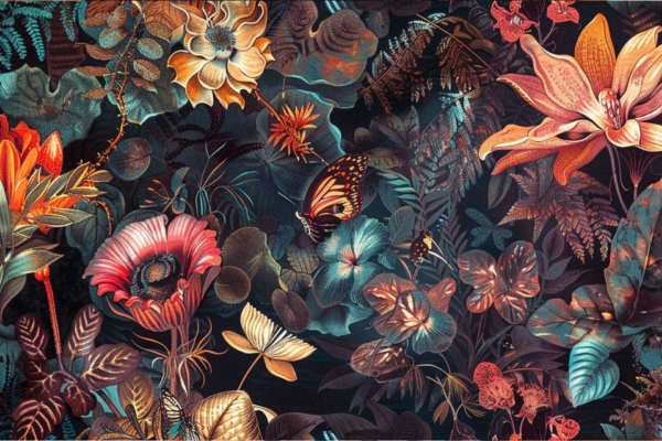 A vibrant, intricate wallpaper featuring various flowers and foliage in red, orange, pink, blue, and green against a dark background. A prominently featured butterfly at the center amidst lush plant life highlights nature's creative force. Elements: flowers, foliage, butterfly. Colors: red, orange, pink, blue, green on a dark backdrop.