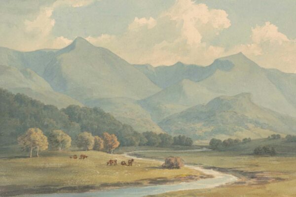 Wallpaper features: serene landscape, rolling green hills, distant blue mountains, partly cloudy sky, gentle river winding through scene, grazing cattle, clusters of trees on grassy plains. Colors: green (hills and plains), blue (mountains and sky), white (clouds), brown/black (cattle).