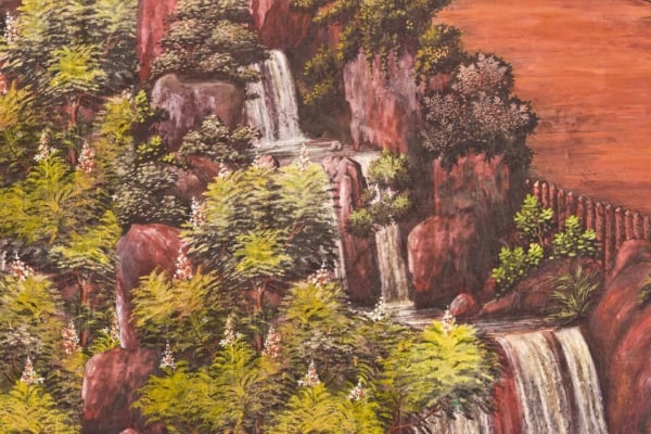 Landscape painting wallpaper: cascades, waterfalls, lush green forest, rocky terrain, trees and foliage, reddish-brown cliff backdrop. Tranquil and natural beauty scene. Elements include water flow, dense greenery, earthy rocks, tall trees and foliage shades of green. Natural cliff colors: reddish-brown hues mixed with earthy tones.